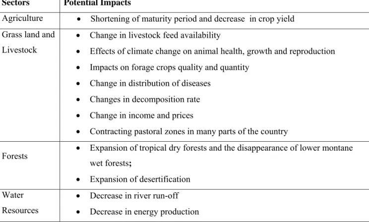 Table 2.2 Summary of impact/Vulnerability Assessment for the selected sectors (Source: NMSA 2001)  Sectors  Potential Impacts  