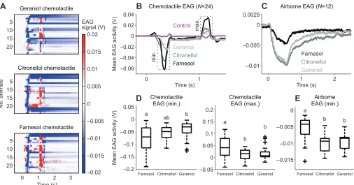 Fig. 2. Compound identity separation during chemotactile stimulation. (A) The averaged EAG signals of 24 bumblebees (time 0 s and lasted for 500 ms