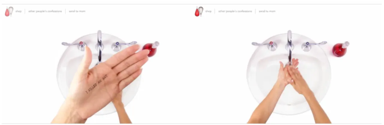 Fig. 4 Screenshots of an active animation web design at comeclean.com where mouse  actions cause images of hands to wash away text input by users 