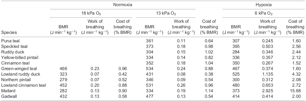 Table 3. Power output and efficacy of breathing at equal tidal volumes and breathing frequencies, and for tidal volumes and breathing frequencieswhen breathing 13 and 6 kPa O2