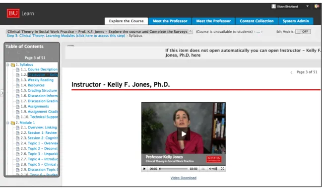 Illustration 3.7 LMS – Explore the Course Tab – Instructor Syllabus HTML Page  Displaying Female Instructor Welcome Video 