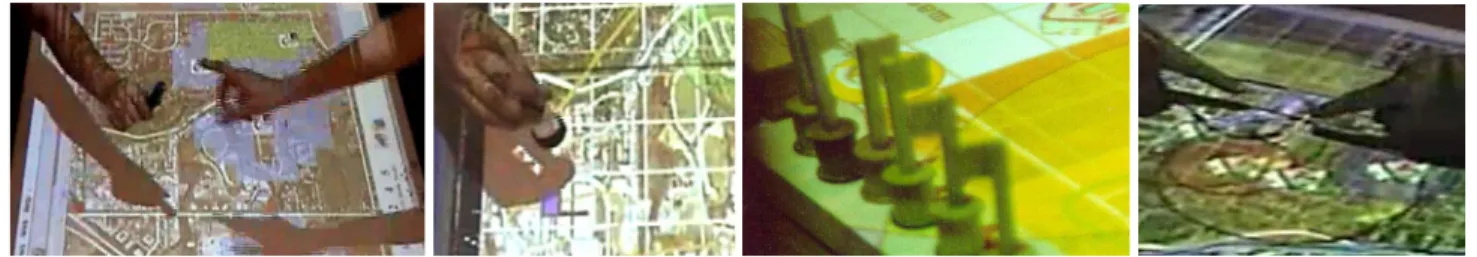 Figure 2. The EDC: (left to right) handing over a pen at the SmartBoard, using tangible tokens on the P IT A-B OARD  to create a  new bus stop, multiple interaction objects on the re-designed P IT A-B OARD , and highlighting overlaps of desired walking dis