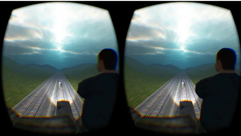 Fig 1. Stereoscopic image showing a scene from the footbridge virtual dilemma through Oculus Rift head-mounted display