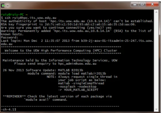 Figure 2.1.: Use ‘Cygwin’ to login the HPC cluster. Username ‘ruiy’ is shown as an example.