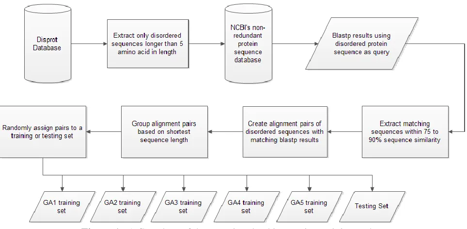Figure 1.  A flowchart of the steps involved in creating training and testing sets containing disordered protein sequences from the Disprot database and NCBI’s non-redundant protein sequence database