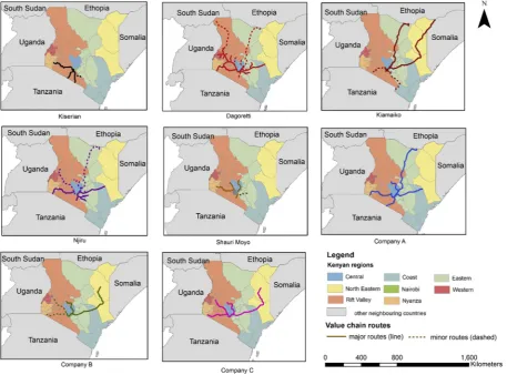 Fig. 8. Geographical maps indicating source of ruminants for each of the markets supplying Nairobi.