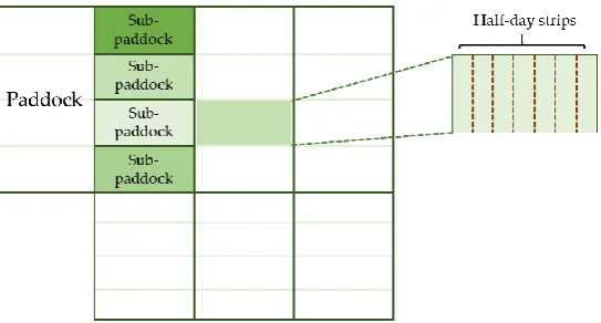 Figure 1.Figure 1. Schematic representation of the experimental area: seven paddocks, with each divided into four sub-paddocks