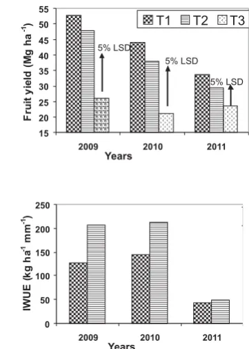 Fig. 3. Fruit yield (a) and IWUE – irrigation water use efficiency(b) in the treatments studied, 2009-2011