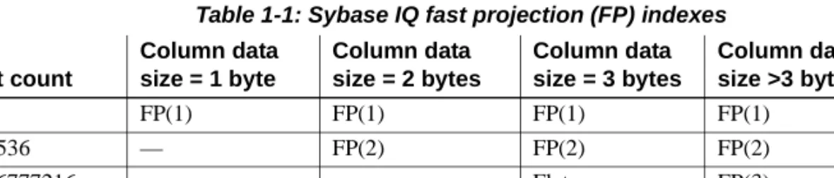 Table 1-1: Sybase IQ fast projection (FP) indexes