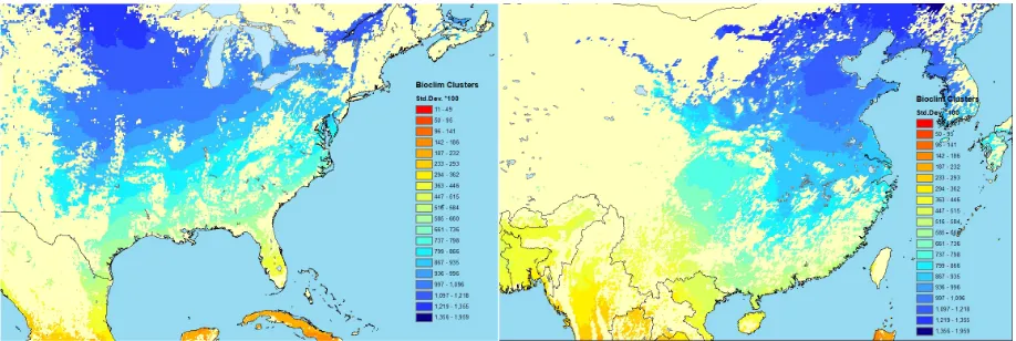 Figure 7.Classiﬁcation of North America and East Asia cropland according totemperature seasonality variability (BIO4 variable from BIOCLIM)
