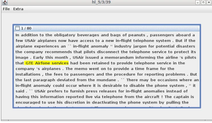 Figure 1: Screenshot of the annotation GUI showing an annotation example where the the complex noun phrase “GTEAirfone services” is highlighted for annotation.