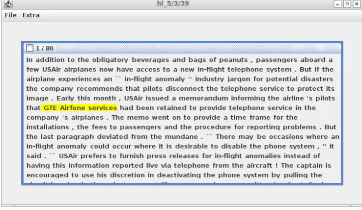 Figure 1: Screenshot of the annotation GUI showing an annotation example where the the complex noun phrase “GTEAirfone services” is highlighted for annotation.
