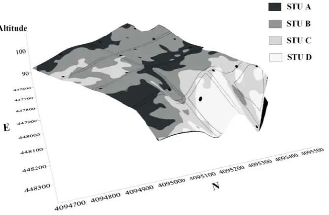 Fig. 8. STUs map obtained from the Dk prediction map and soil boring descriptions. The black dots are the boring sites.