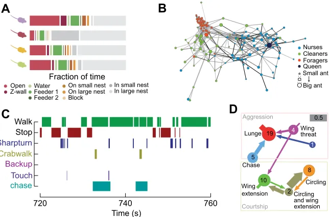 Fig. 2. Making sense of automated measures of behavior. (A) Simple thresholding of position as a function of time reveals differential use of space by mice inthat some behaviors may occur simultaneously, while others are mutually exclusive