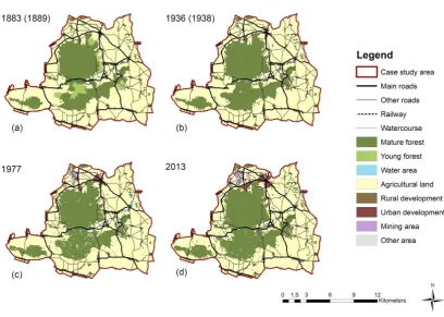 Figure 2. Changes in land cover of research area between 1883(89)-2013: (a) Map of land cover in 1883(89); (b) Map of land cover in 1936(38); (c) Map of land cover in 1977; (d) Map of land cover in 2013
