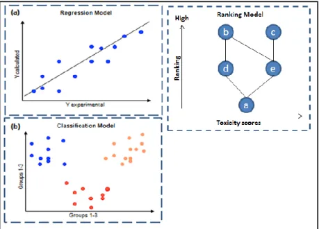 Figure 2.8: Different types of QSAR strategies (after Todeschini &amp; Consonni, 2008): (a)  Regression model focusing on the best fit classifications; (b) Classification model to  characterise the similarity between certain properties, and (c) Partial ord