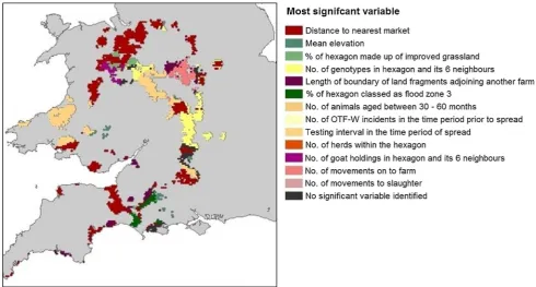 Fig. 5 A bar chart showing the number of hexagons in which each of the variables identiﬁed by the GWR were the most dominant variable.There were 44 hexagons where none of the included variables were identiﬁed as signiﬁcant enough to identify a winning variable