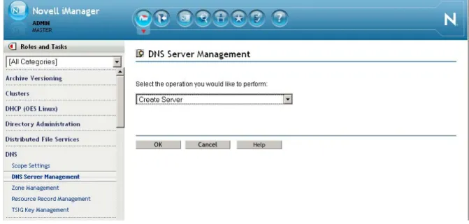 Figure 1-12   The DNS iManager Interface The main screen has three parts: a taskbar at the top of the screen that displays icons for top‐level  management functions; a left panel that displays roles, tasks, and other administrative functions; and  a main p