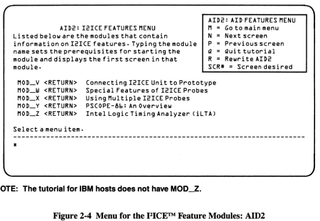 Figure 2-4 Menu for tbe I2ICETM Feature Modules: AlD2 