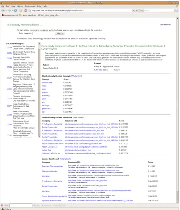 Figure 1: Screenshot of the Technology Matching Demo showing a Technology Disclosure, Related Concepts, and Docu-ments found using Semantic Vectors and Apache Lucene.