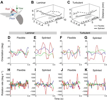 Fig. 2. Representative flight trials andassociated kinematic data. (A) Bee bodycoordinate system used in our analysis,showing the colors used to represent motionsaround these axes in the graphs below.(B,C) Three-dimensional flight trajectories inthe wind t