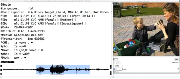 Figure 2: The CLAN editor with a transcript, sound wave, and video fragment. 