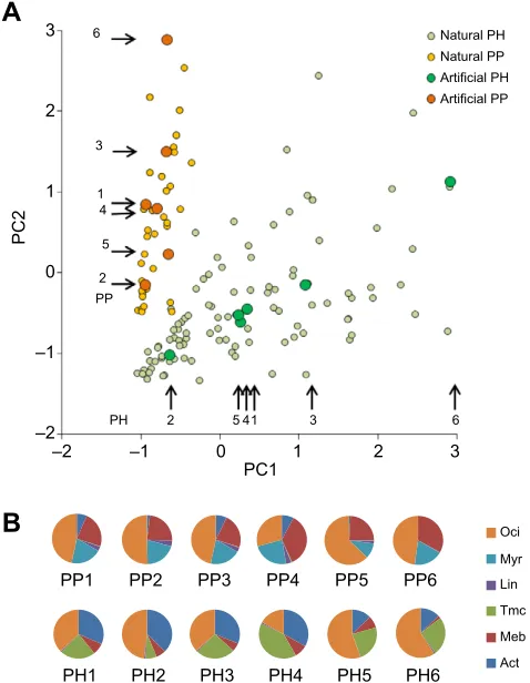 Fig. 2. Natural variation in composition of blends from Antirrhinum majusvarieties. (A) The variation projected onto the first two principal components,which extract over 70% of the natural variation
