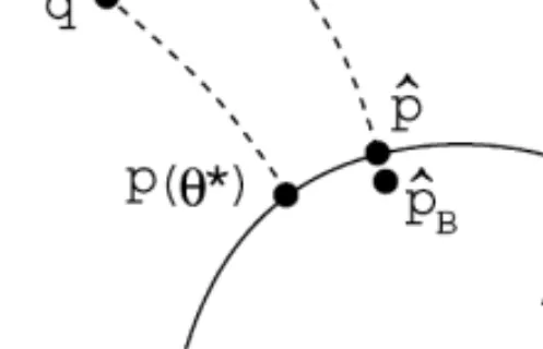 Fig. 3. The curvature of the model in relation to the location of the true density q. On the parametric model denoted by p(·), we have  = 0, and || increases as q deviates from p(·)