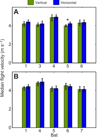 Fig. 2. Peak flight velocity. (A) Broad ridge spacing (9 cm). (B) Fine ridgespacing (4.5 cm)