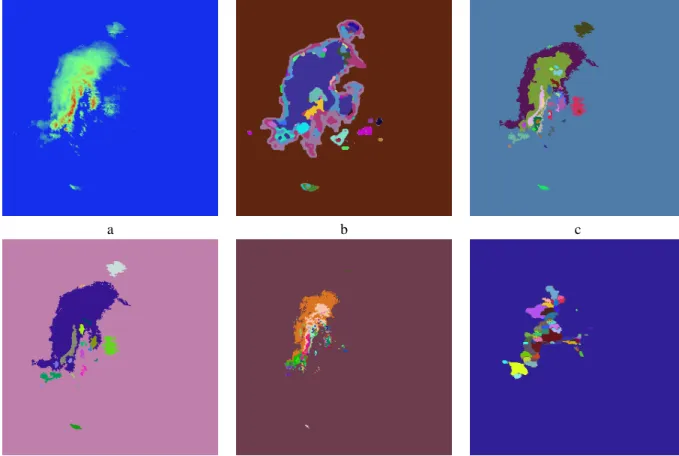 Figure 1: Segmenting a radar reflectivity image. (a) A radar reflectivity image, from Fort Worth May 5, 1995