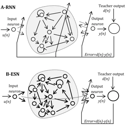 Figure 2.3 - Shows a comparison between RNNs and ESN architecture and training.  