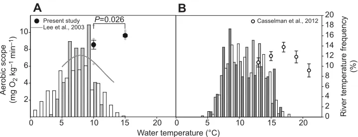 Fig. 4. Aerobic scope data for coho salmon in relation to historic water temperatures