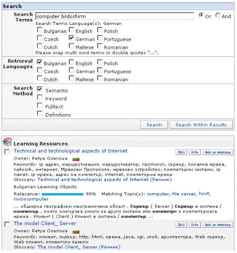 Figure 3: User interface making use of semantic search.Starting from the top, it shows the field for the searchterms, OR/AND option, language of search terms,retrievallanguages,searchmethods,andfounddocuments