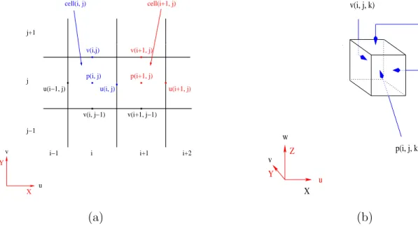 Figure 3.6: Staggered grid applied in 2D and 3D. (a) In 2D, velocities (u, v) and pressure (p) are in different locations on the plane