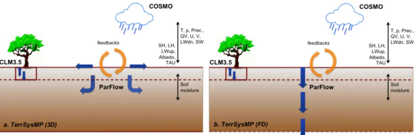 Figure 1. Vertical sketch of the setup of TerrSysMP with the atmospheric weather prediction model  COSMO,  the  land  surface  model  CLM3.5  and  the  subsurface-surface  model  ParFlow