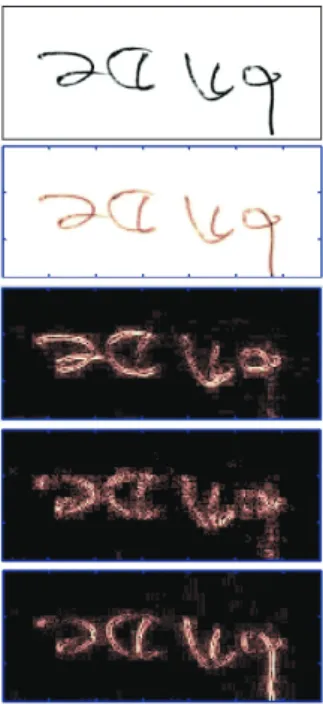 Fig. 7. Computation of different Daubechies wavelet coefﬁcients at level 1 on Bangla numeral Word-level image (top to bottom: original Bangla word image, approximation coefﬁcient cA1, horizontal coefﬁcient cH1, diagonal coefﬁcient cD1, vertical coefﬁcient 