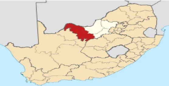 Figure  6.2  below  provides  a  map  of  the  Dr  Ruth  S  Mompati  District  (red  section),  where  the  research  was  conducted