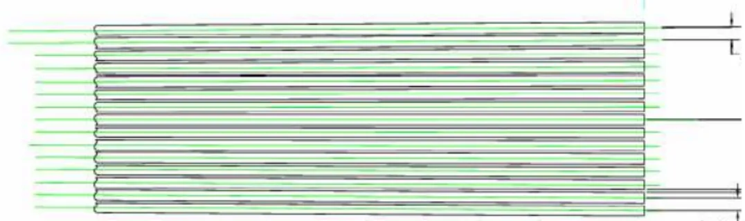 Figure 2. Layout of 15 fibers on the substrate. Note the change in angle needed to stay normal to the input surface with radius of 420  mm