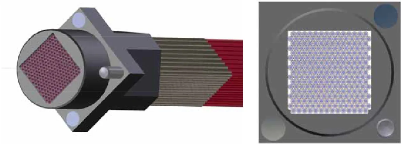 Figure 3. CAD view of a IFU head mount with a single fiber-bundle. The mount features magnetic buttons, a pin for re-producible  positioning and measures only 9 mm on a side.