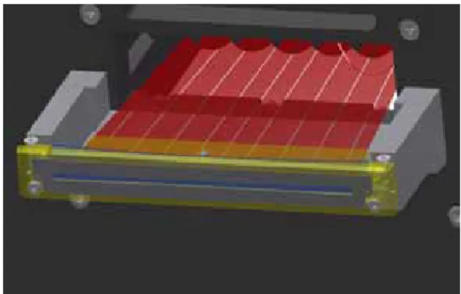 Figure 5. Left: CAD view of the slit-unit, which contains two exit ports for cables (for science and calibration fibers) and a precision  reference plate to be attached to the collimator