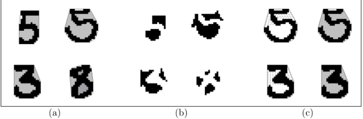 Figure 6: conc3 feature extraction: (a) determining inner and outer regions, (b) extracted regions, (c) comparison of conc2 (left) and conc3 (right) features