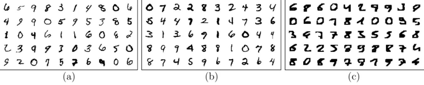 Figure 7: Samples from MNIST (a), USPS (b) and DIGITS (c) datasets
