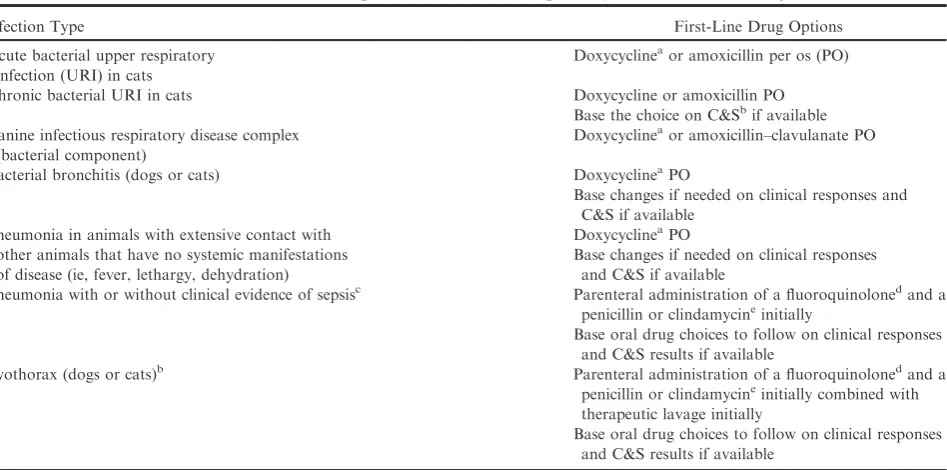 Table 1.First-line antimicrobial options for bacterial respiratory infections in the dog and cat.