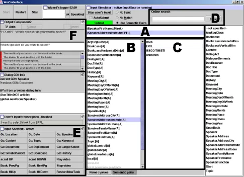 Figure 4: Input Wizard’s Control Interface: (A) semantic pairs generated automatically by the system or added by thewizard; lists that allow the wizard to create a new semantic pair: (B) the list on the left shows names of semantic pairs, (C)the list on the right displays all possible values associated with the selected name of the semantic pair; (D) semantic pairsﬁlter; (E) shortcut buttons; (F) system prompt.