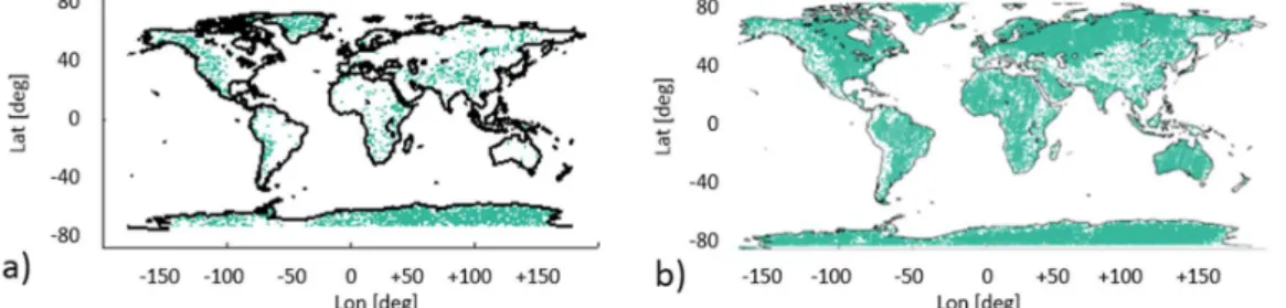 Figure 2. pdf’s of the DDM spread parameters over land only: (a) delay (units = 0.25 × C/A chips) and  (b) Doppler frequency (units = 500 Hz bins)