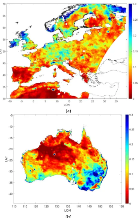 Figure 5. Sample 1 km L4 downscaled average SM maps over (a) Europe (6/2011), and (b) Australia (6/2015).