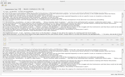 Figure 1: Segeval : graphical comparison between referenced and hypothesised boundaries computed with varying parameters ofLIA_topic_seg on one text