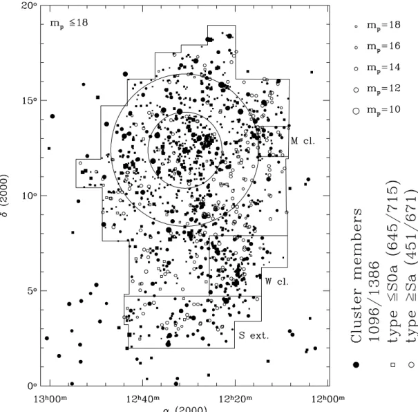 Fig. 1. Sky distribution of the 1386 galaxies brighter than m p ≤ 18.0 in the Virgo cluster