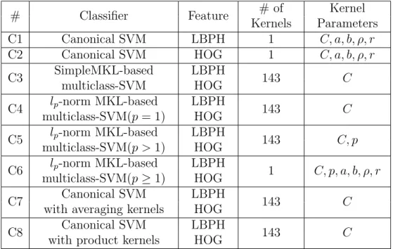 Table 4.1: Information of designed eight SVM classiﬁers