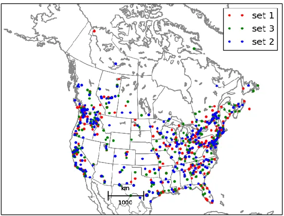 Figure 1. Spatial distribution of the 3 subsets of PM2.5 observations used for cross-validation